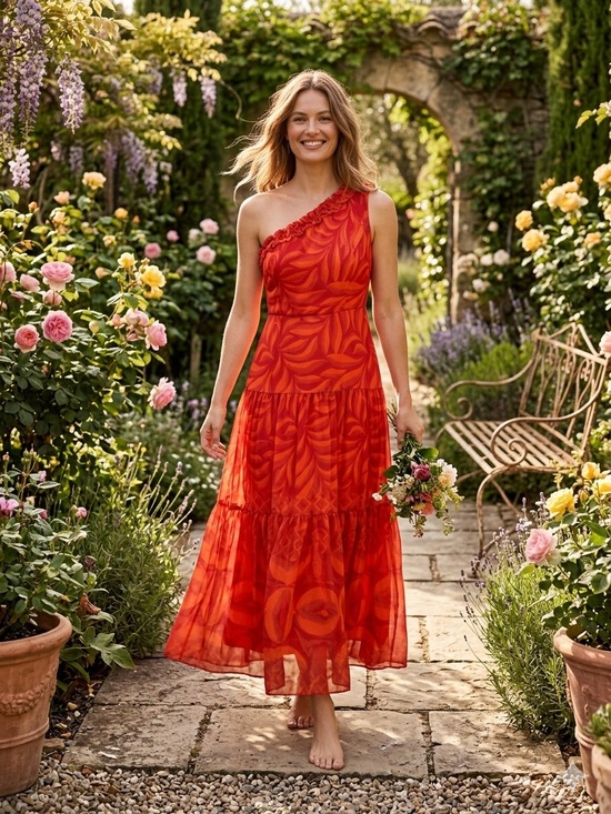 Taylor Dresses & Skirts - Taylor One-Shoulder Red Floral-Print Maxi Dress